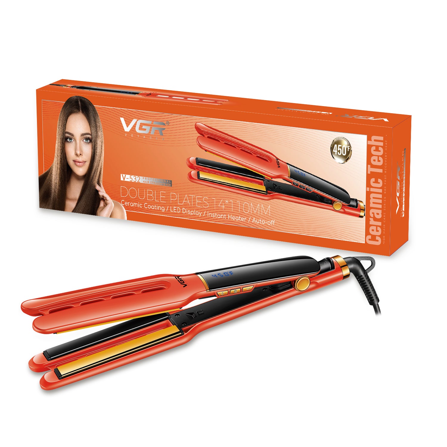 VGR V-532 Professional Hair Straightener for Salon & Women, Ceramic Coated Plates, 450°F Max Heat, LED Display, Fast 60 Second Heating, Auto Shut-Off, Orange