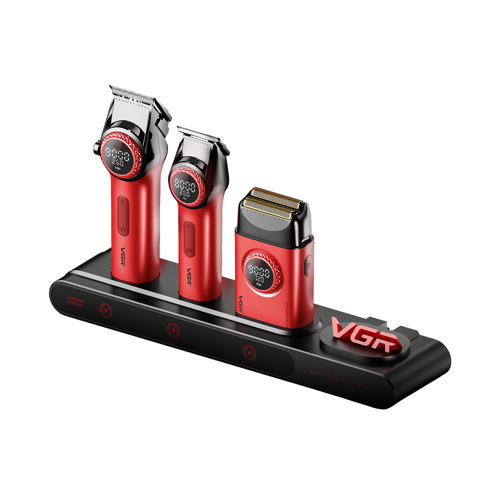 VGR Stepless Pro 3-in-1 Professional Grooming Kit for Salon & Men with Charging Station, Stepless Speed Control, Ceramic DLC Blades, Double Titanium Foils, LED Display, Red