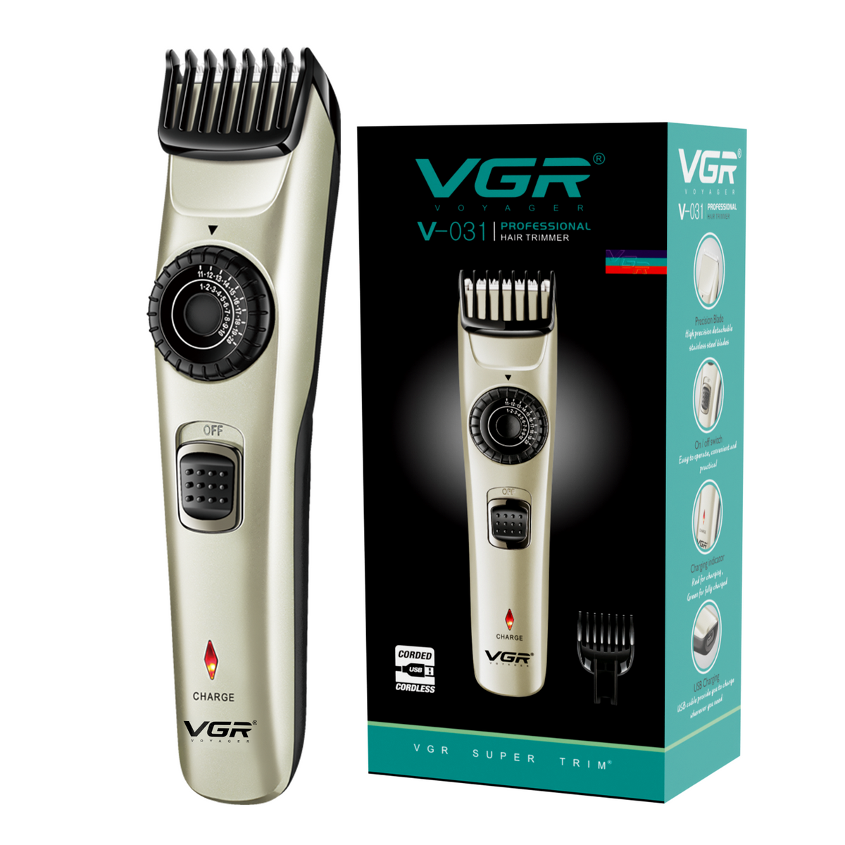 VGR V-031 Professional Hair Trimmer, 39 Length Settings, 90 Min Runtime, Silver
