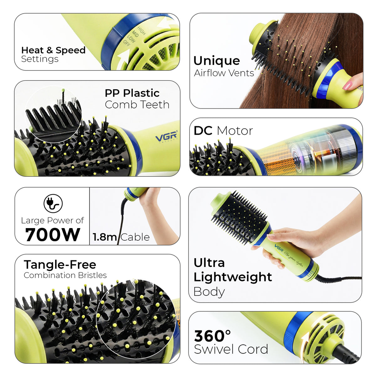 VGR V-415 Professional Hot Air Brush For Women, 3 Heat Settings, 360° Swivel Cord, Green