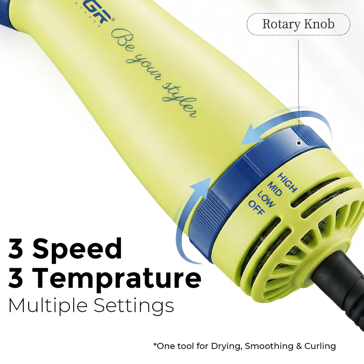 VGR V-415 Professional Hot Air Brush For Women, 3 Heat Settings, 360° Swivel Cord, Green