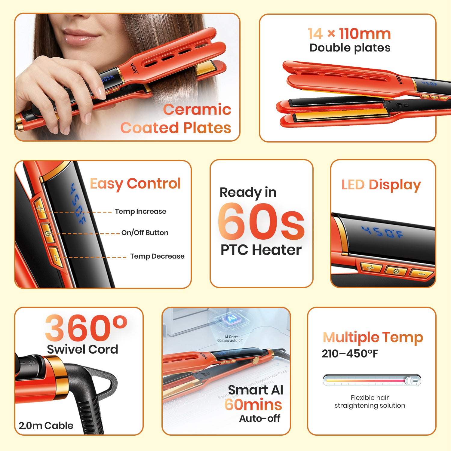 VGR V-532 Professional Hair Straightener for Salon & Women, Ceramic Coated Plates, 450°F Max Heat, LED Display, Fast 60 Second Heating, Auto Shut-Off, Orange