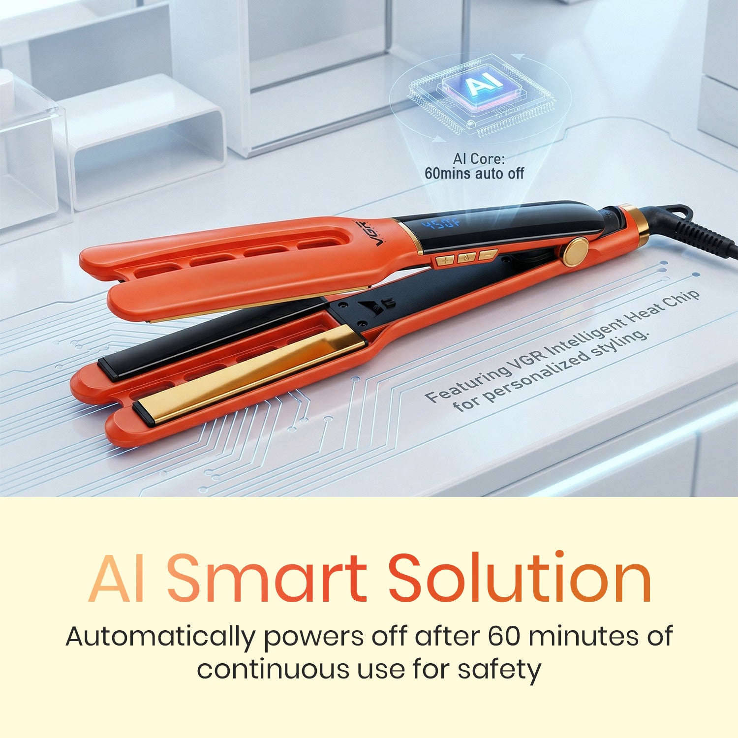 VGR V-532 Professional Hair Straightener for Salon & Women, Ceramic Coated Plates, 450°F Max Heat, LED Display, Fast 60 Second Heating, Auto Shut-Off, Orange