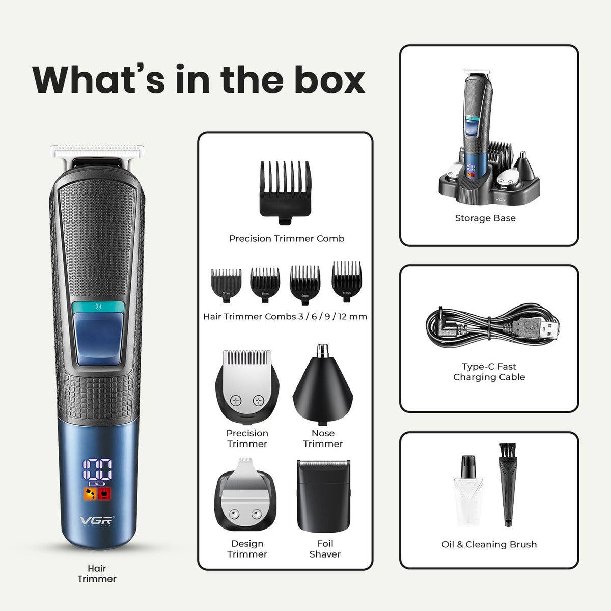 VGR V-108 Professional 10-in-1 Men’s Grooming Kit with 120 min Runtime, Black & Blue