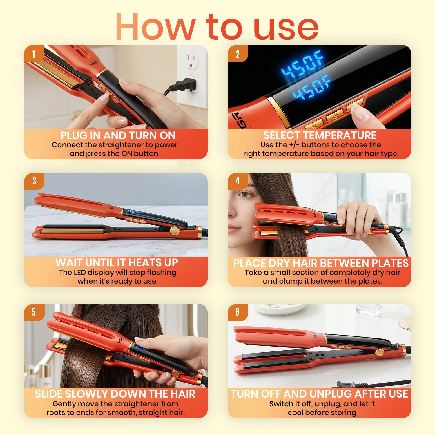 VGR V-532 Professional Hair Straightener for Salon & Women, Ceramic Coated Plates, 450°F Max Heat, LED Display, Fast 60 Second Heating, Auto Shut-Off, Orange