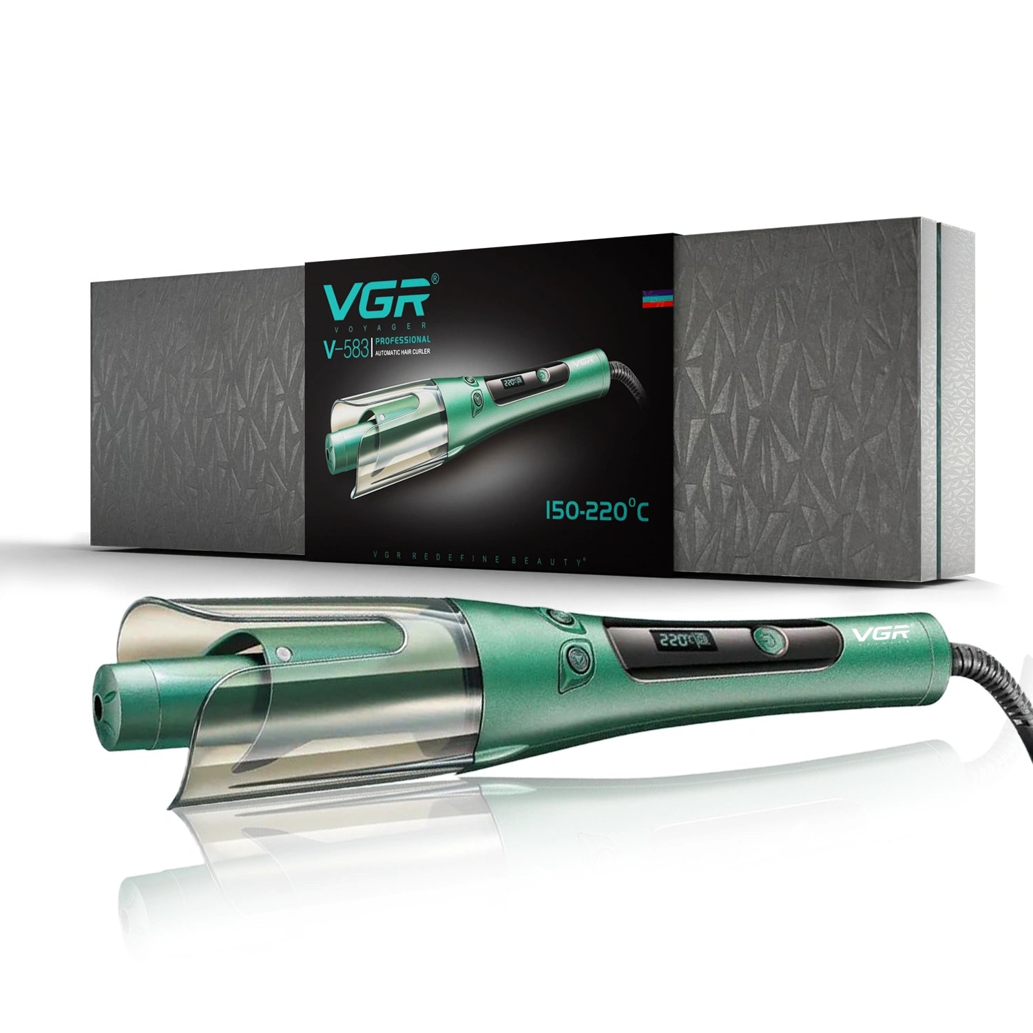 VGR V-583 Automatic Hair Curler in green color with its packaging box.