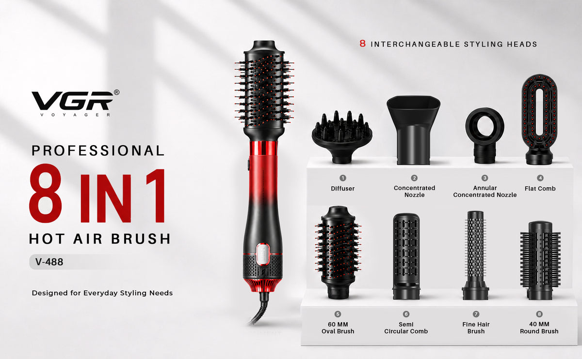 VGR V-488 Professional 8 IN 1 Hot Air Brush (Red)