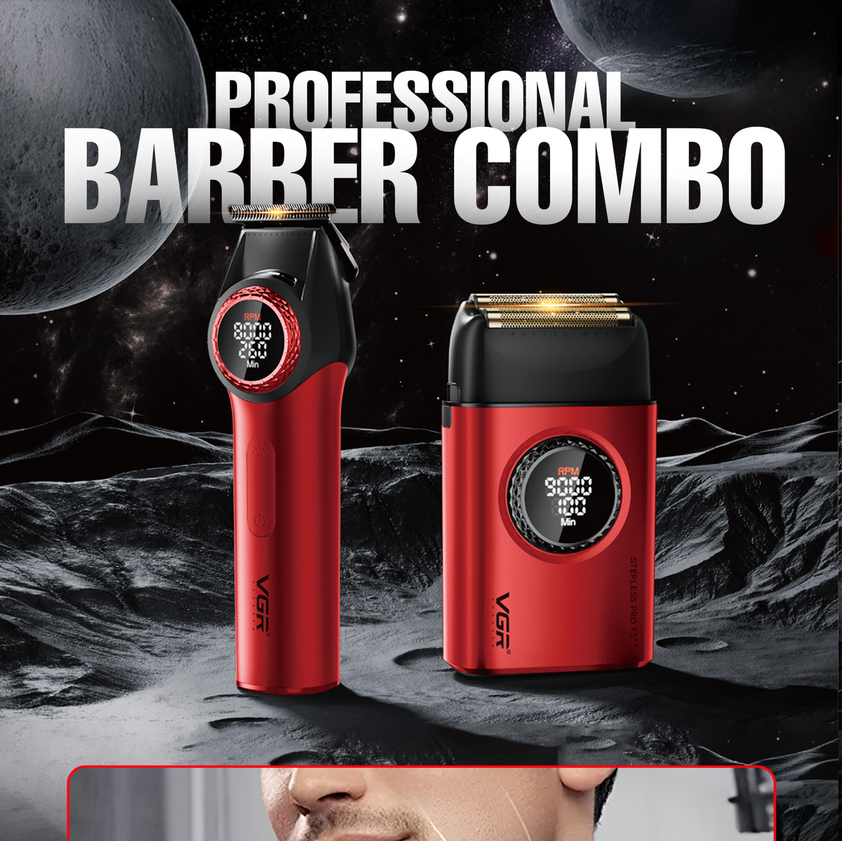 VGR V-977 & V-377 Professional Hair Trimmer & Shaver Combo Set (Red)