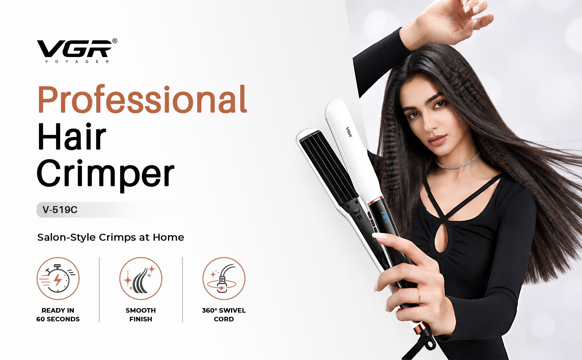VGR V-519C Professional Hair Crimper For Women, 7 Heat Settings, Ceramic Plate, 230°C Max Heat, White