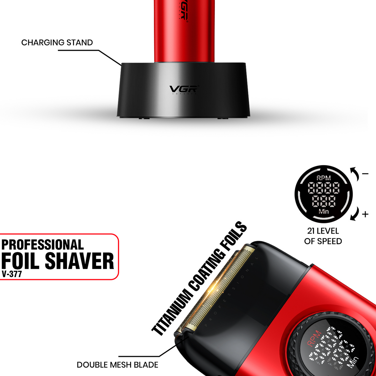 VGR V-977 & V-377 Professional Hair Trimmer & Shaver Combo Set (Red)