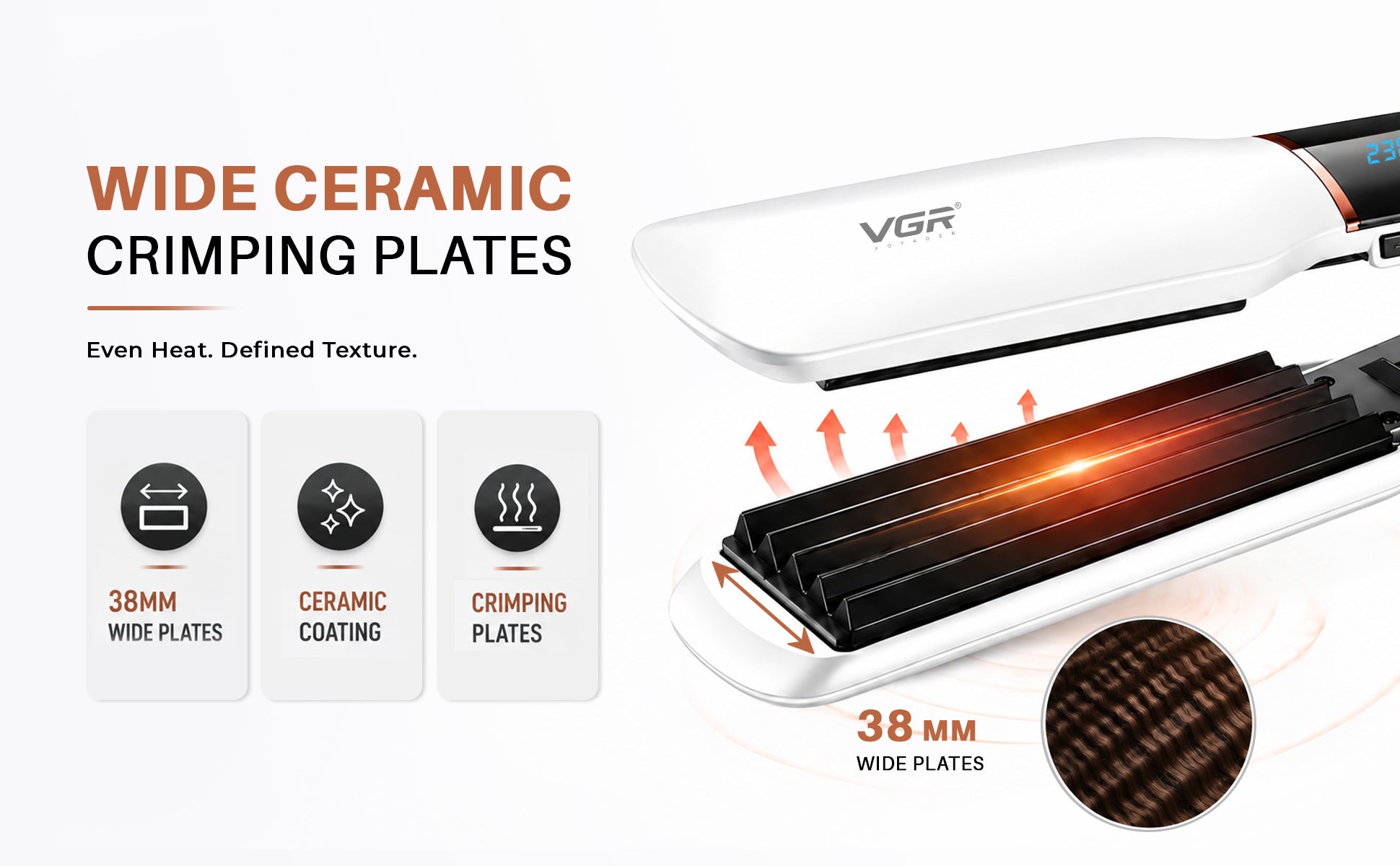 VGR V-519C Professional Hair Crimper For Women, 7 Heat Settings, Ceramic Plate, 230°C Max Heat, White
