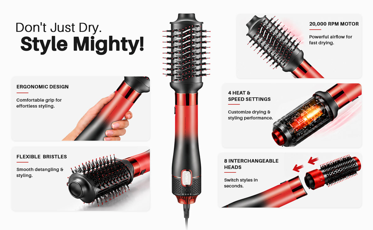 VGR V-488 Professional 8 IN 1 Hot Air Brush (Red)