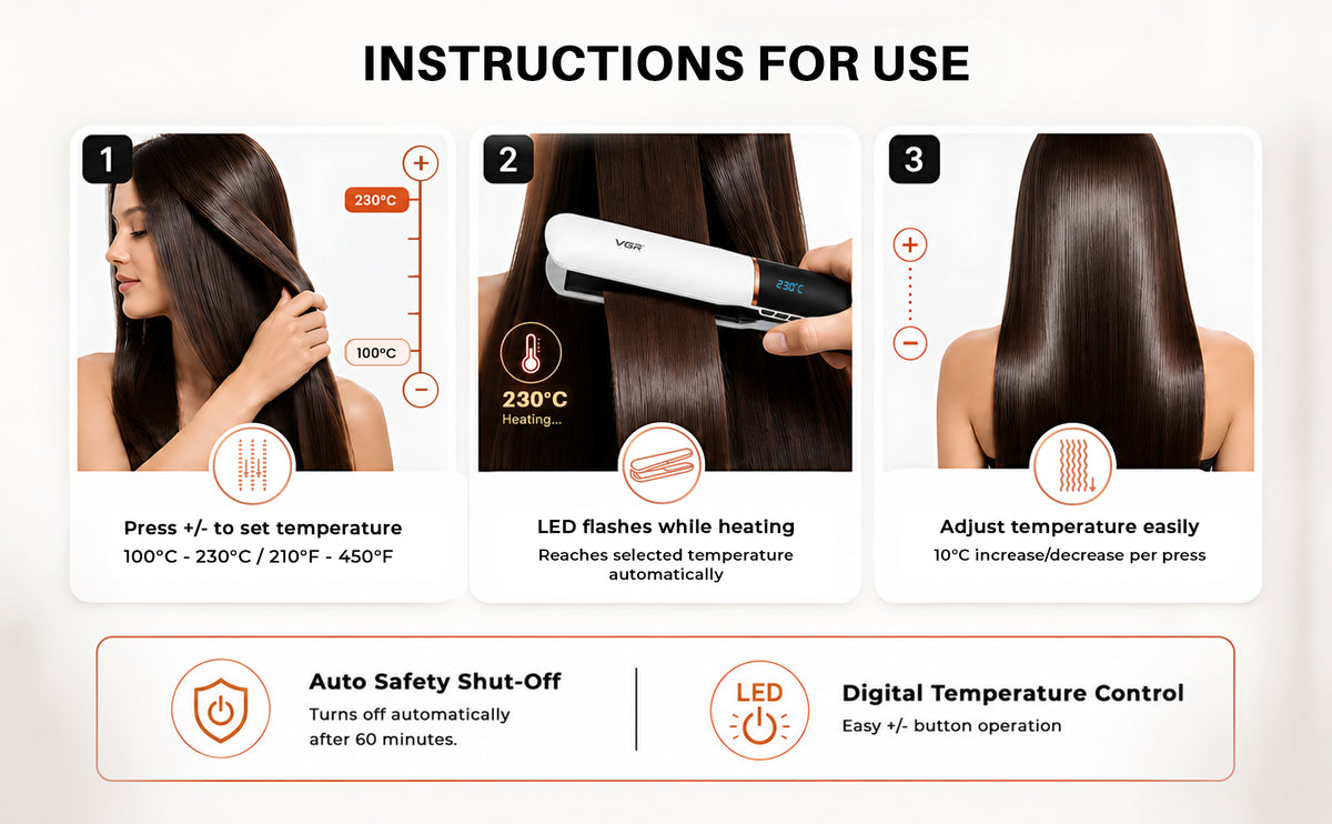 VGR V-519 Professional Hair Straightener For Women with 450°F Max Heat, 38mm Ceramic Plates, White