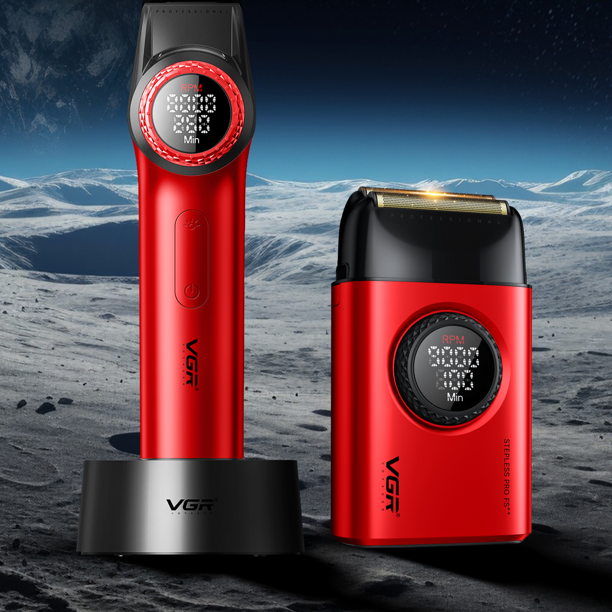 VGR V-977 & V-377 Professional Hair Trimmer & Shaver Combo Set (Red)