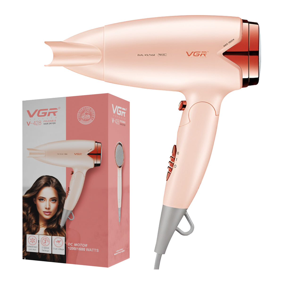 VGR V-428 Foldable Hair Dryer For Women, 2 Speed Settings, Cool Shot, Pink