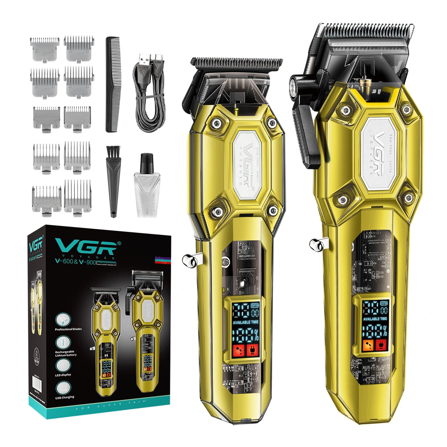 VGR V-600 & V-900-Gold Professional Hair Clipper & Trimmer Set