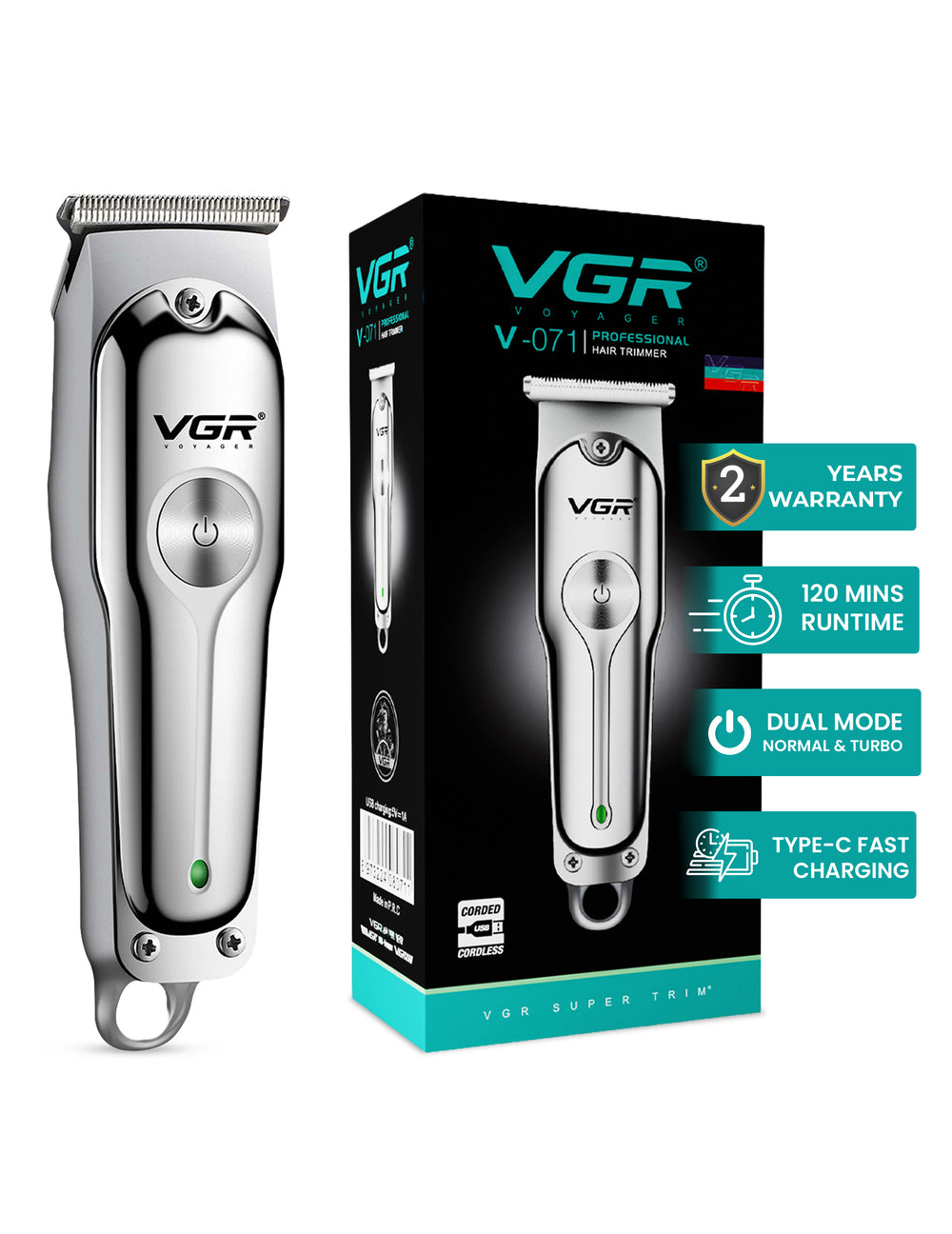 VGR V-071 Professional Hair Trimmer For Men with 120 Min Runtime, Silver