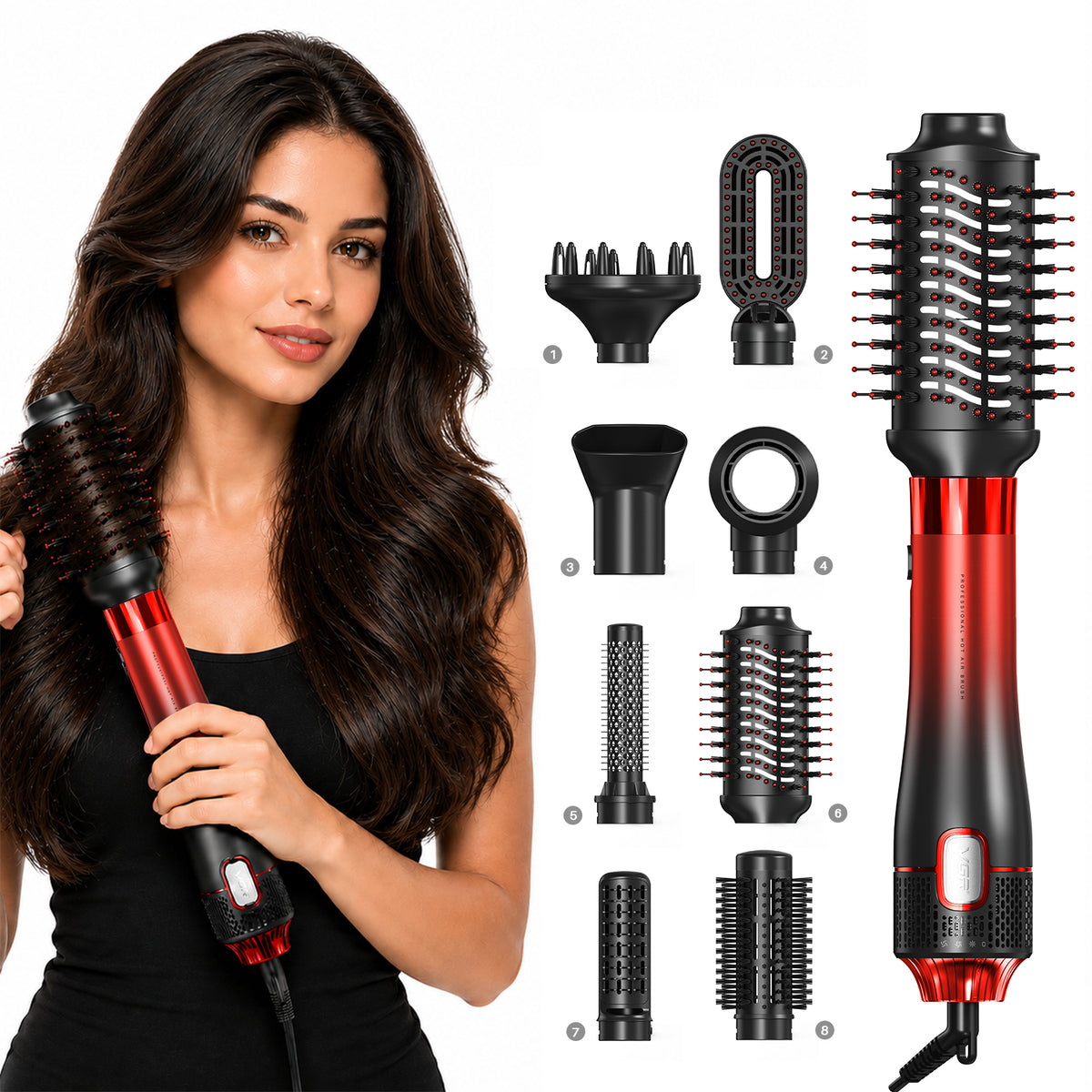 VGR V-488 Professional 8 IN 1 Hot Air Brush (Red)