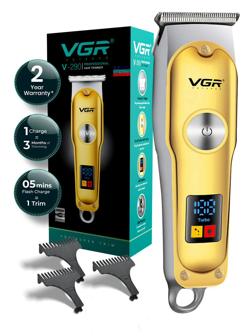 VGR V-290 Professional Hair Trimmer For Men with 120 Min Runtime, Gold