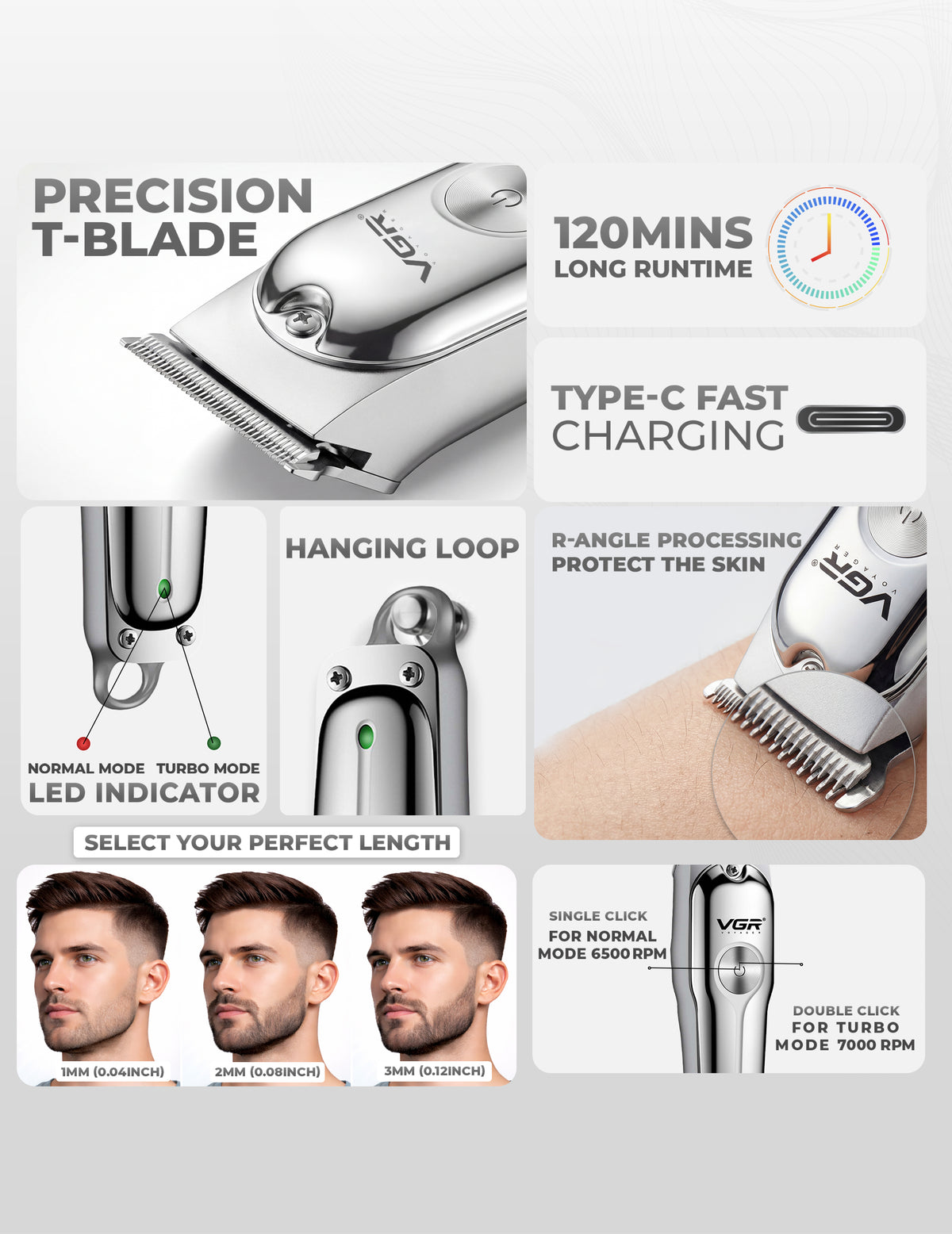 VGR V-071 Professional Hair Trimmer For Men with 120 Min Runtime, Silver