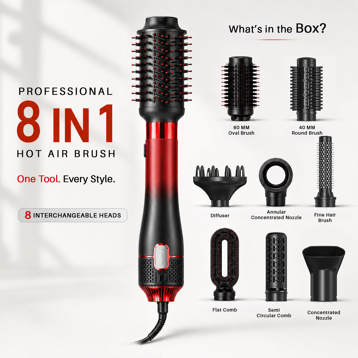 VGR V-488 Professional 8 IN 1 Hot Air Brush (Red)