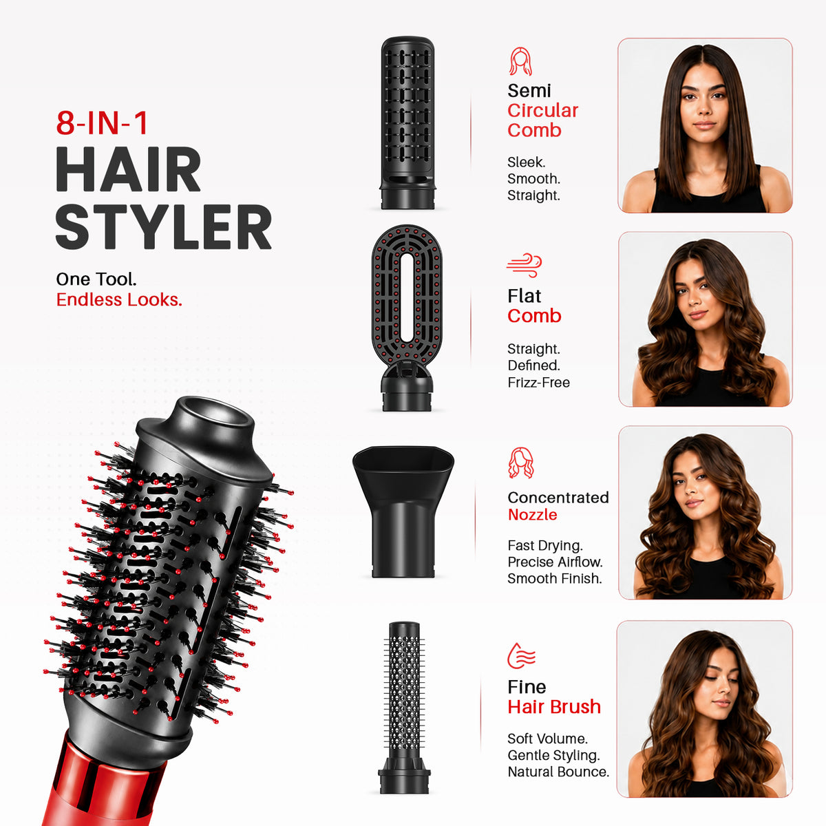 VGR V-488 Professional 8 IN 1 Hot Air Brush (Red)