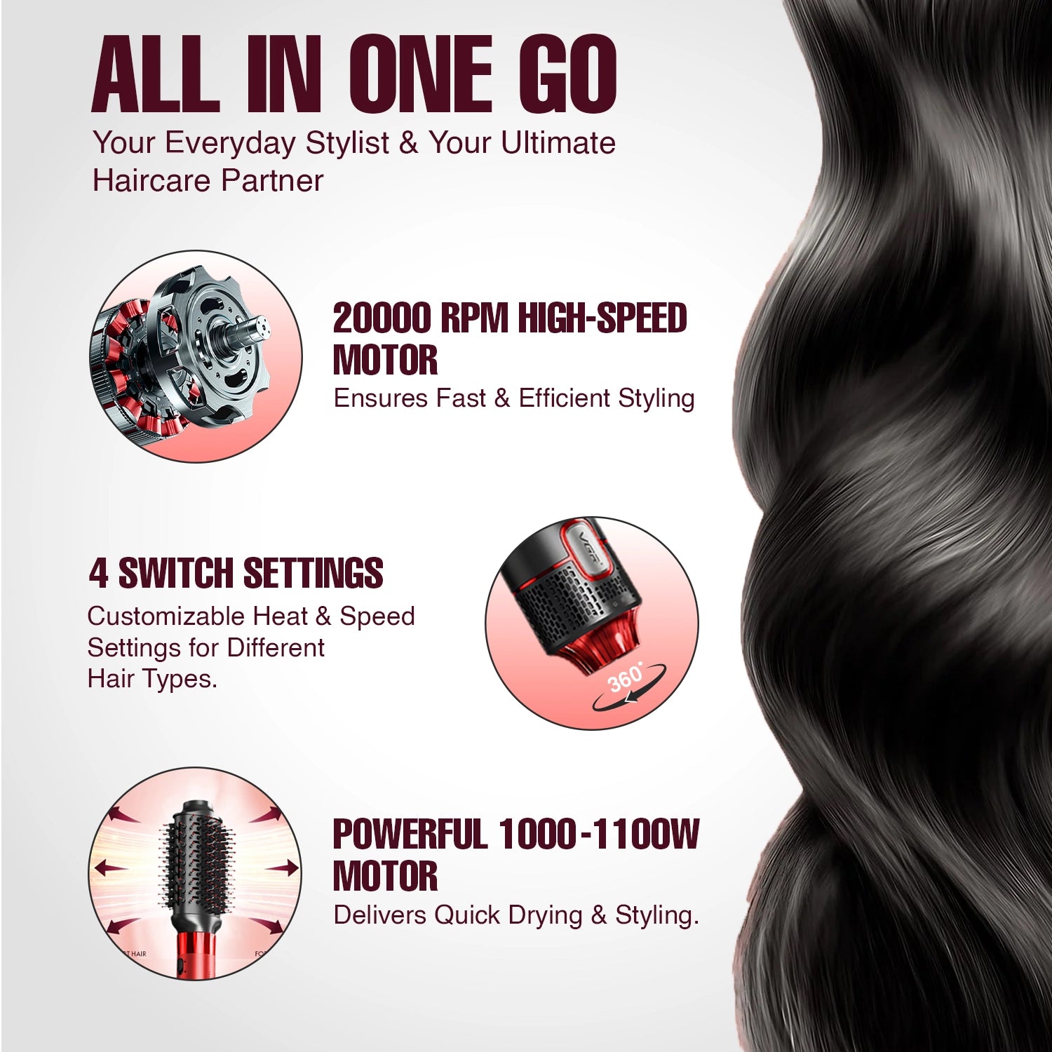 VGR V-488 Professional 8 IN 1 Hot Air Brush (Red)