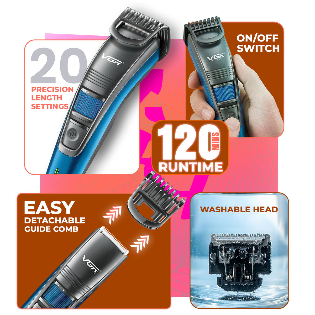 VGR V-052 Professional Hair Trimmer For Men with 120 Min Runtime, Blue