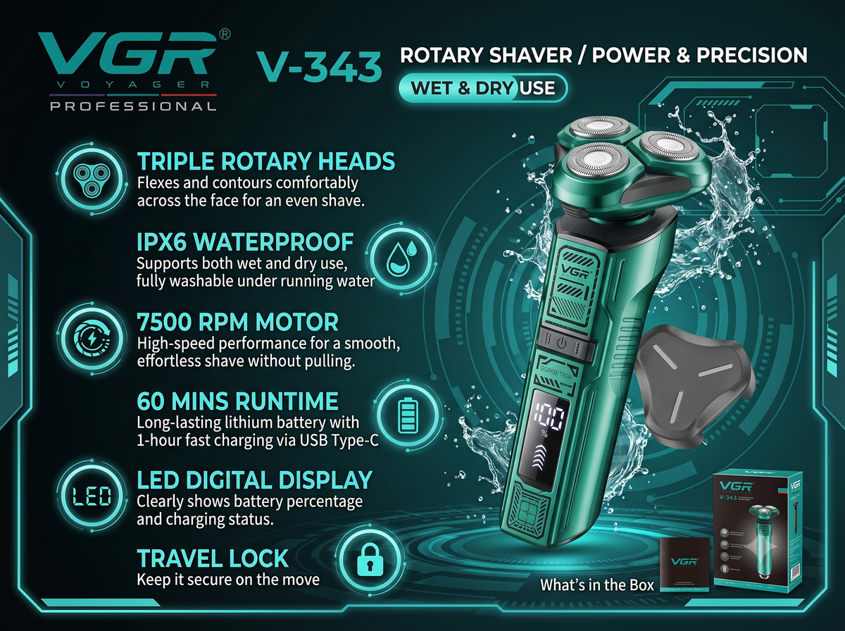 VGR V-343 Professional Rotary Shaver for Salon & Men, Green