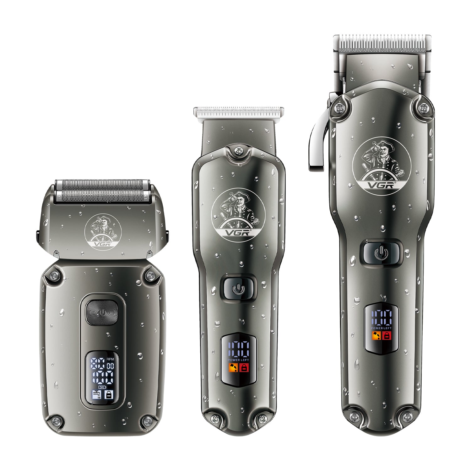VGR V-675 S3 Professional 3-in-1 Grooming Kit for Salon & Men, Hair Clipper, Trimmer & Dual Foil Shaver, Whole Body Washable, 14 Guide Combs, LED Display, Travel Lock, Up to 200 Min Runtime, Grey
