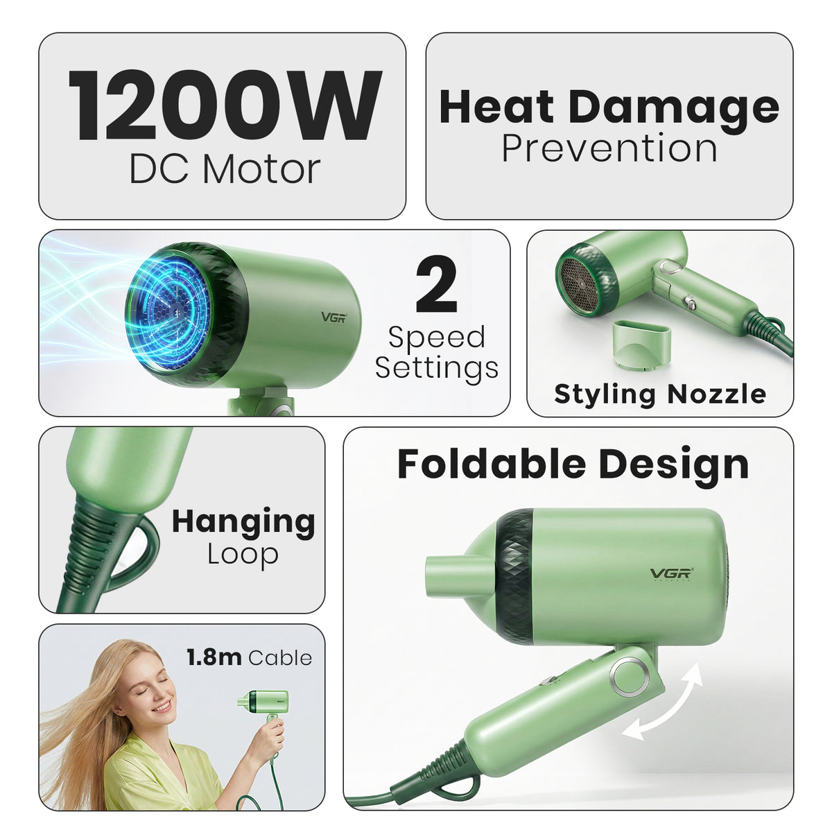 VGR V-421 Hair Dryer with 1200W DC motor for Men & Women, Green