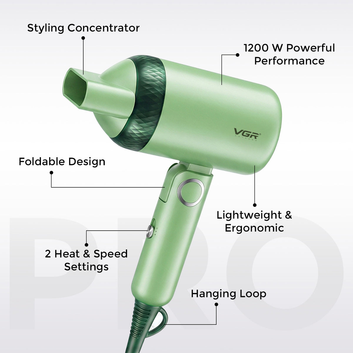 VGR V-421 Hair Dryer with 1200W DC motor for Men & Women, Green