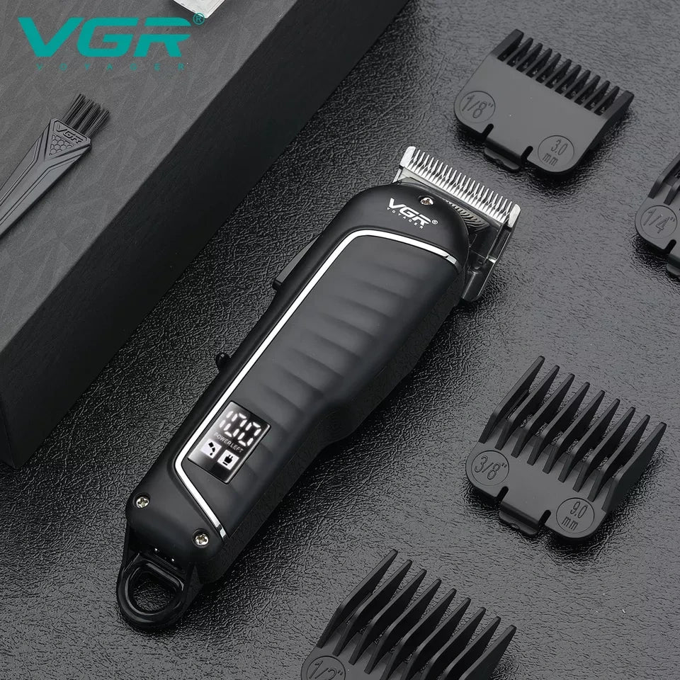 VGR V-683 Hair Clipper in black color with multiple detachable cutting guide combs displayed alongside.
