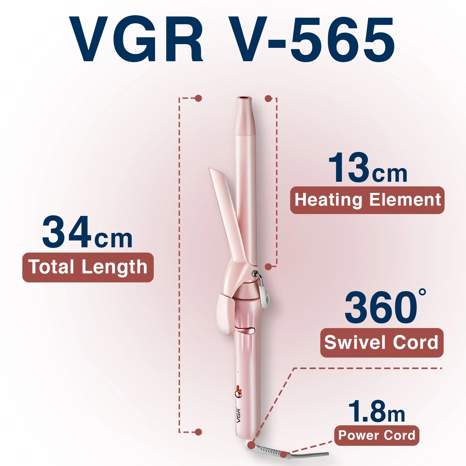 Pink VGR V-565 hair straightener with specifications on a white background