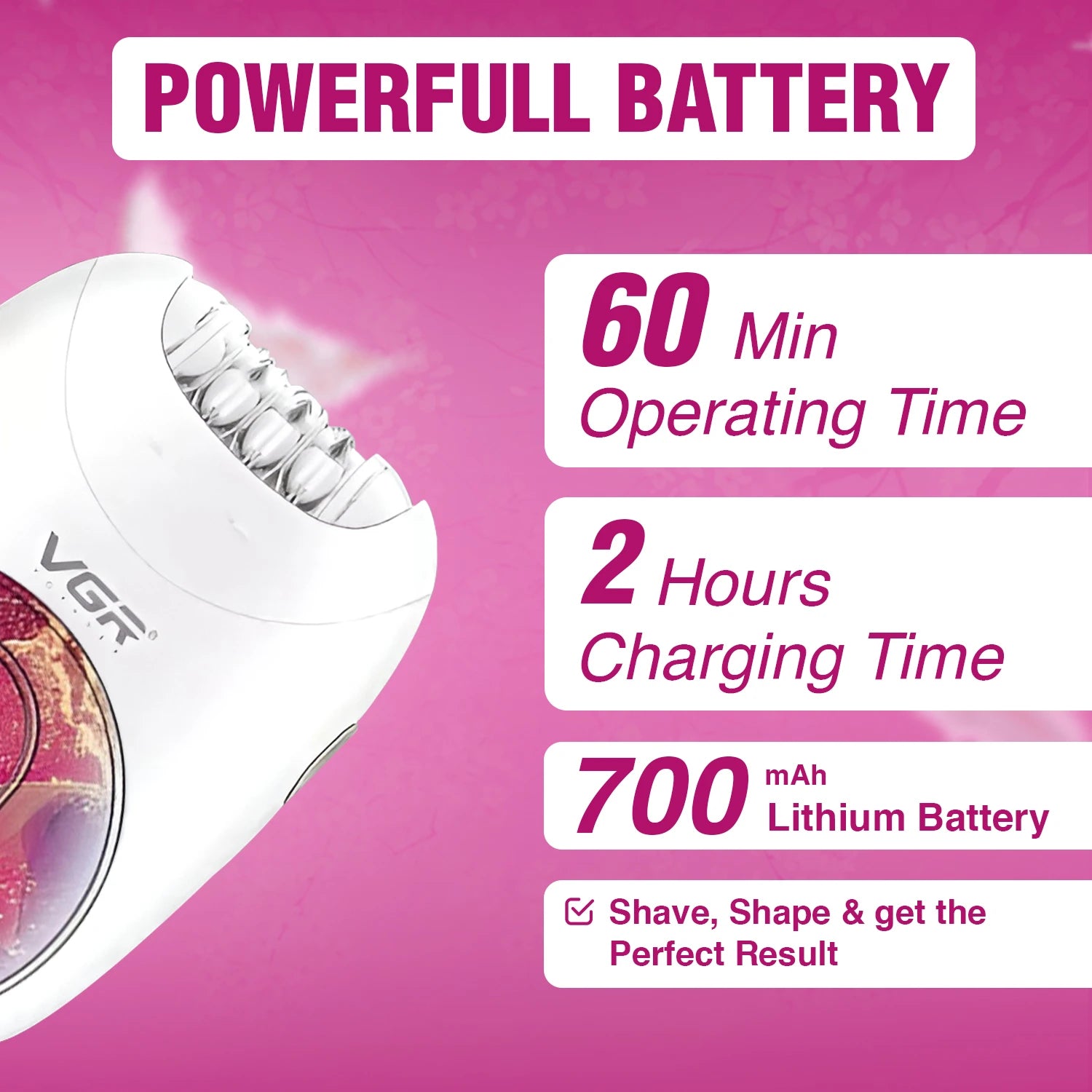 VGR hair removal device with battery information on a pink background