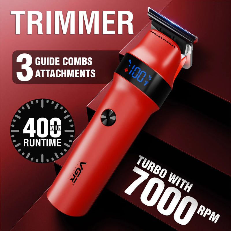 Red trimmer with digital display on a dark red background, featuring text about attachments and runtime.