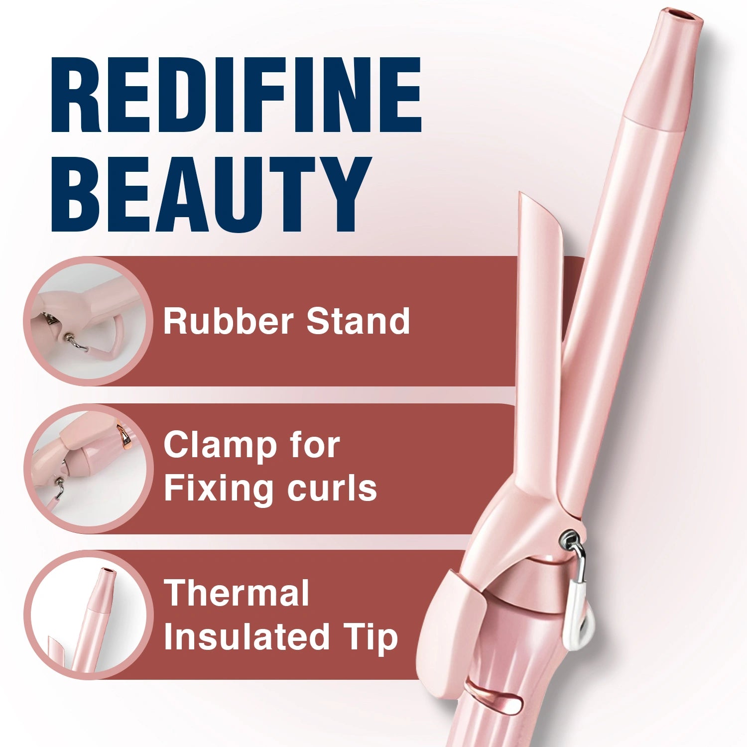 Rose gold hair straightener with features highlighted on a white background