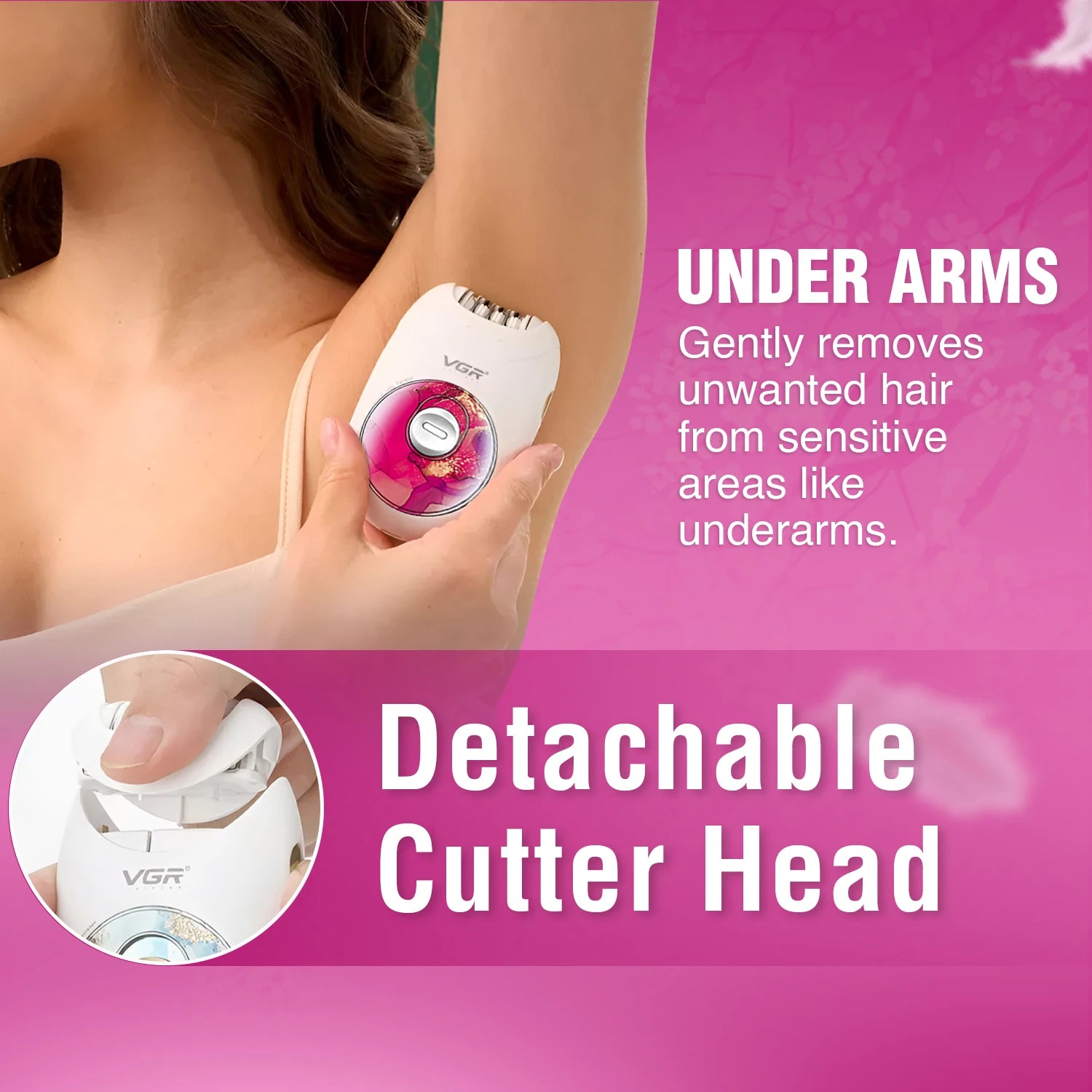 VGR epilator with detachable cutter head on a pink background, highlighting its use for underarms.