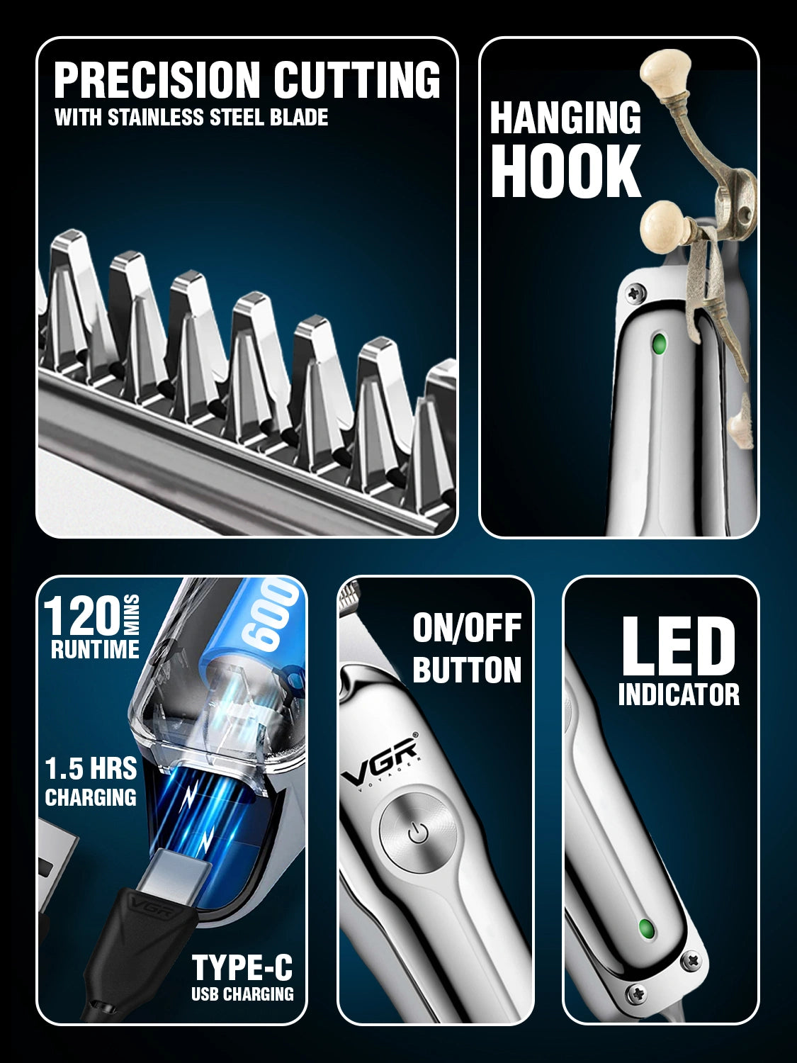 VGR V-071 Hair Trimmer For Men, Silver
