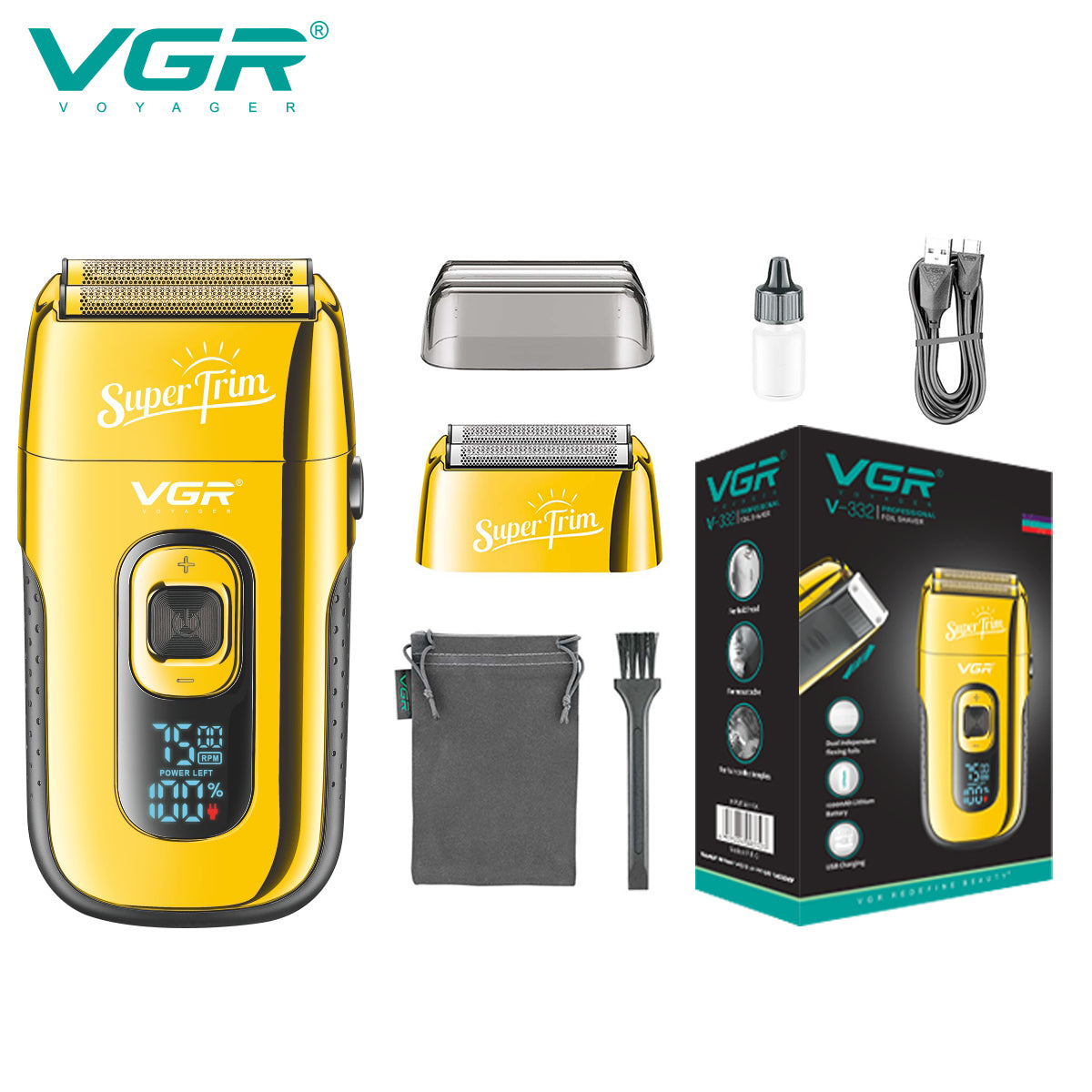 VGR V-332 Professional Foil Shaver for men, 150-Minute Runtime, Dual Independent Foils | Cordless & Corded Use | LED Display, Type-C USB Charging with 1 Year Warranty (Gold)