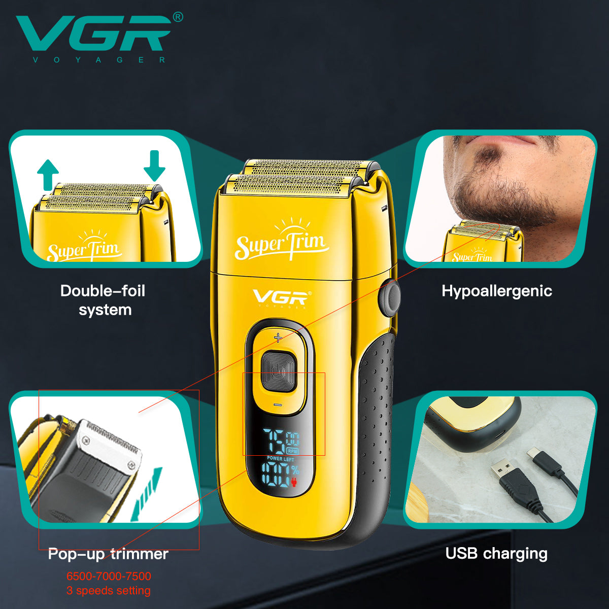 VGR V-332 Professional Foil Shaver for men, 150-Minute Runtime, Dual Independent Foils | Cordless & Corded Use | LED Display, Type-C USB Charging with 1 Year Warranty (Gold)