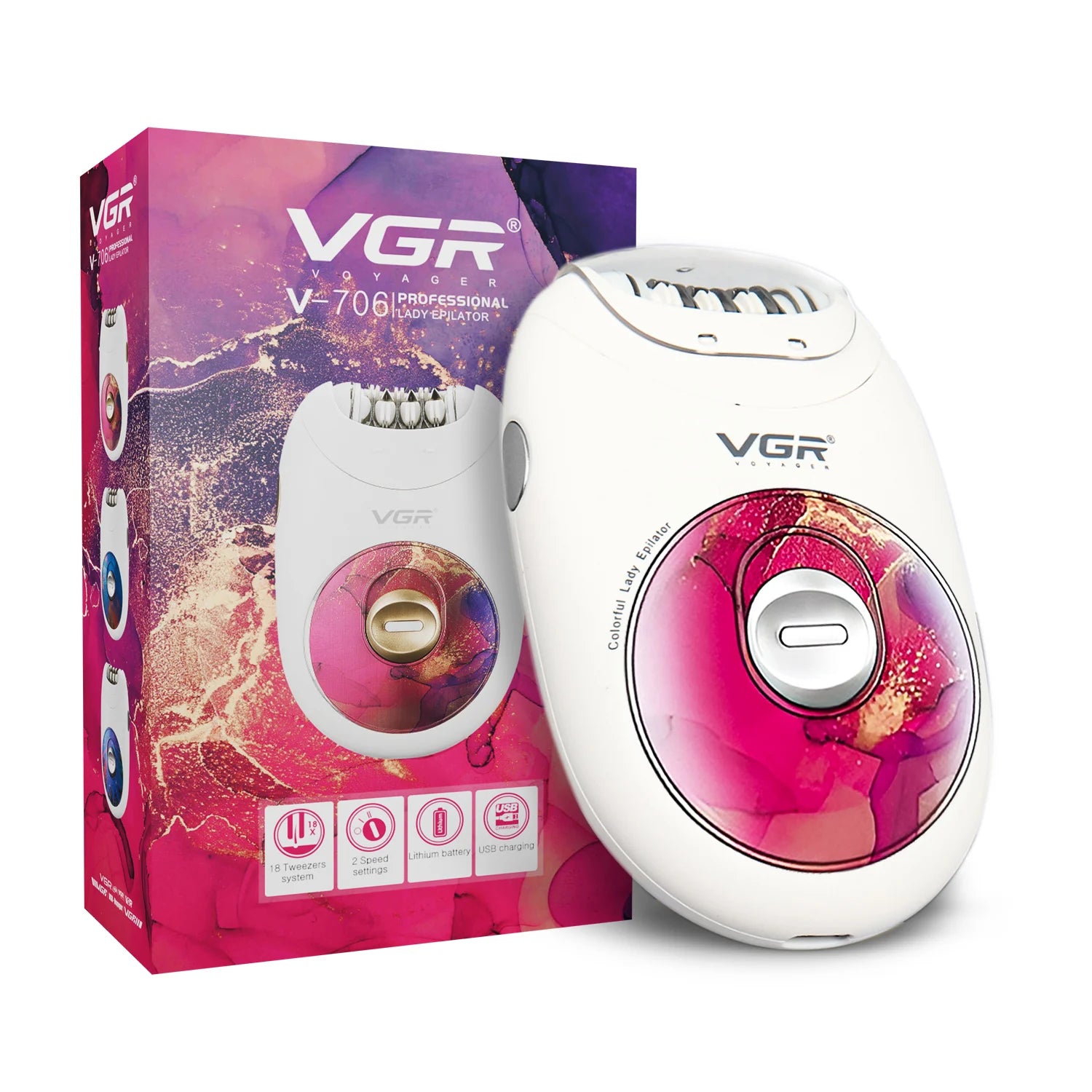 VGR V-706 Professional Women's Epilator showcased with its box, featuring a white body with mint green accents and a circular interface with LED indicators.