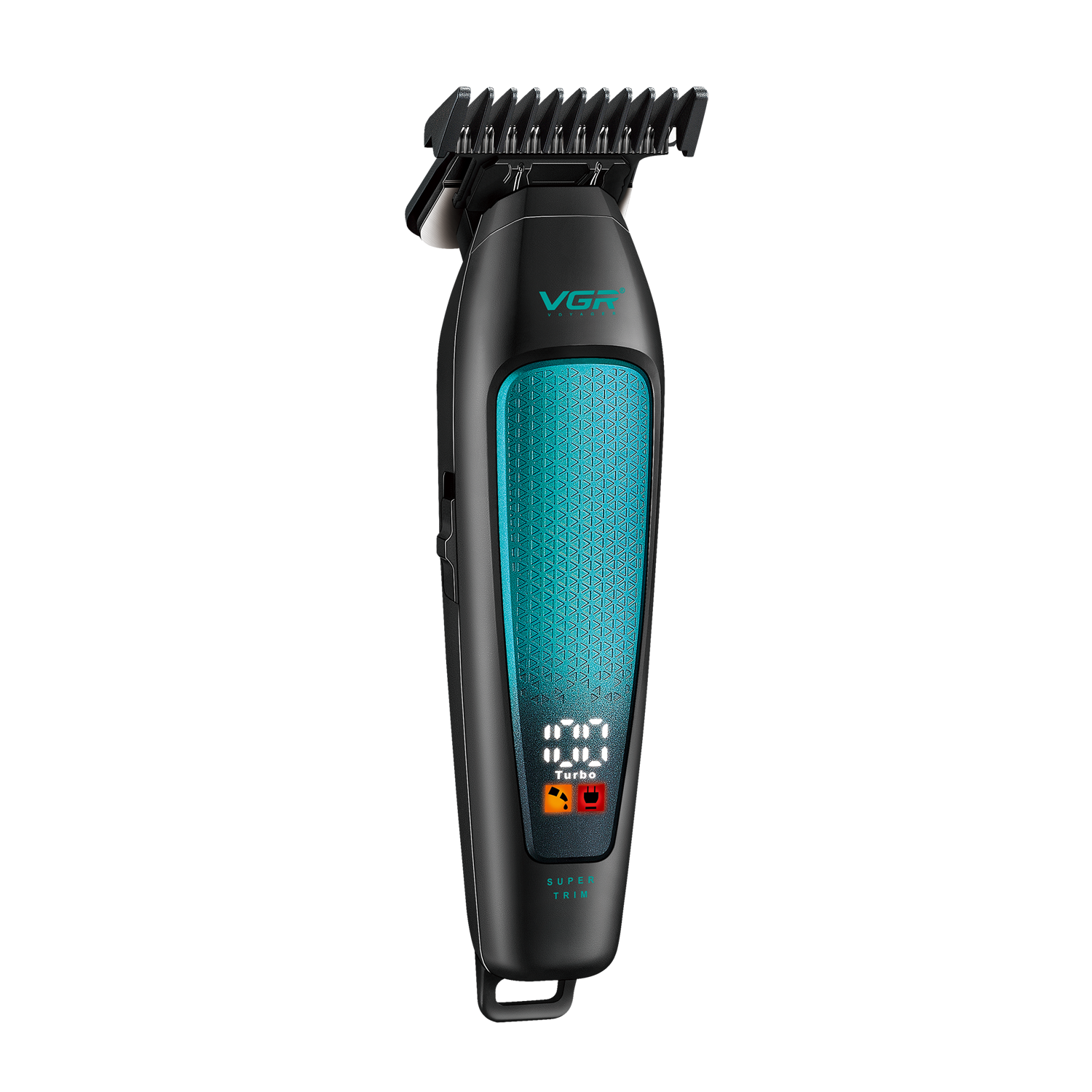 VGF cordless hair clipper with a black body, textured teal grip panel, and black comb guard attachment, shown on a plain white background.