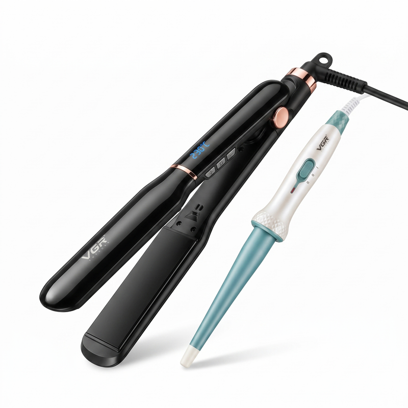 VGR V-519S Hair Straightener & V-596 Hair Curler Professional Grooming Combo, Black & White Image