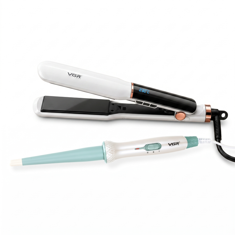 VGR V-519S Hair Straightener & V-596 Hair Curler Professional Grooming Combo, White Image