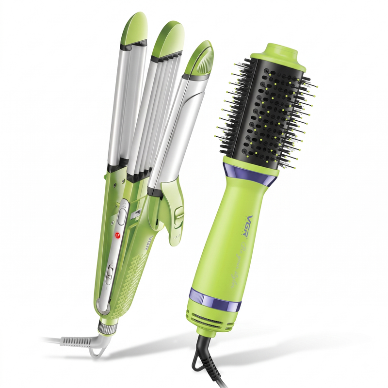 VGR V-569 4-in-1 Hair Styler & V-415 Hot Air Brush Professional Grooming Combo, Green Image