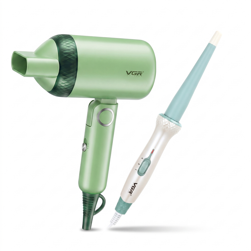 VGR V-421 Hair Dryer & V-596S Hair Curler Professional Grooming Combo, Green and White Image