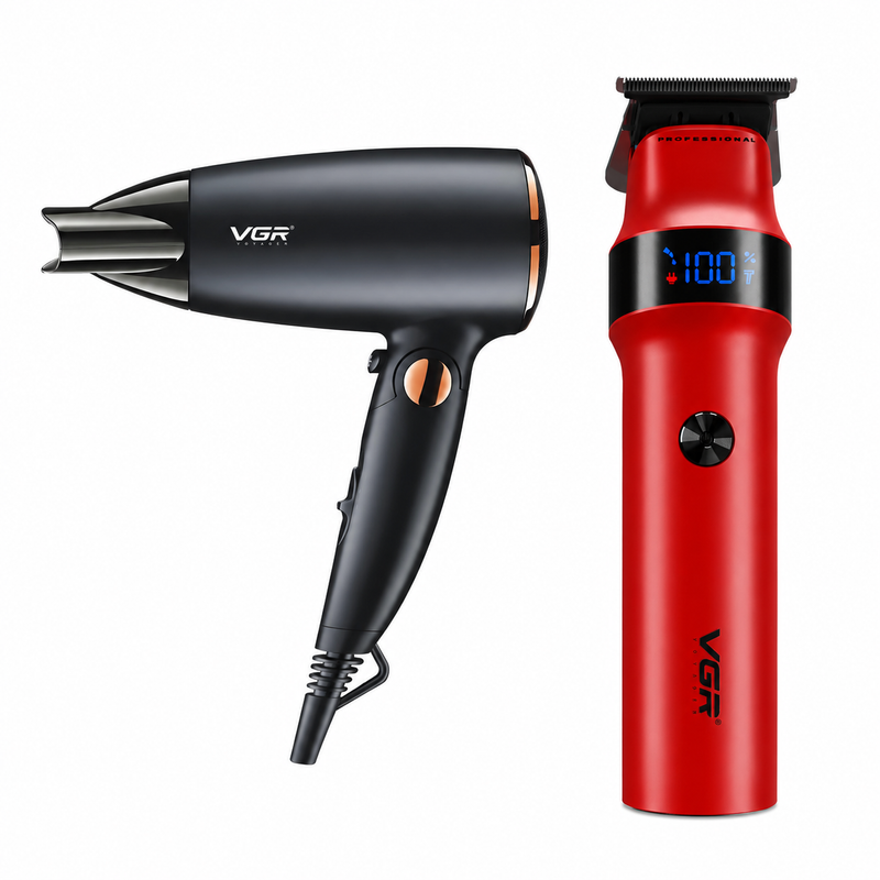 VGR V-439 Hair Dryer & Rosso Hair Trimmer Professional Grooming Combo, Red & Black Image