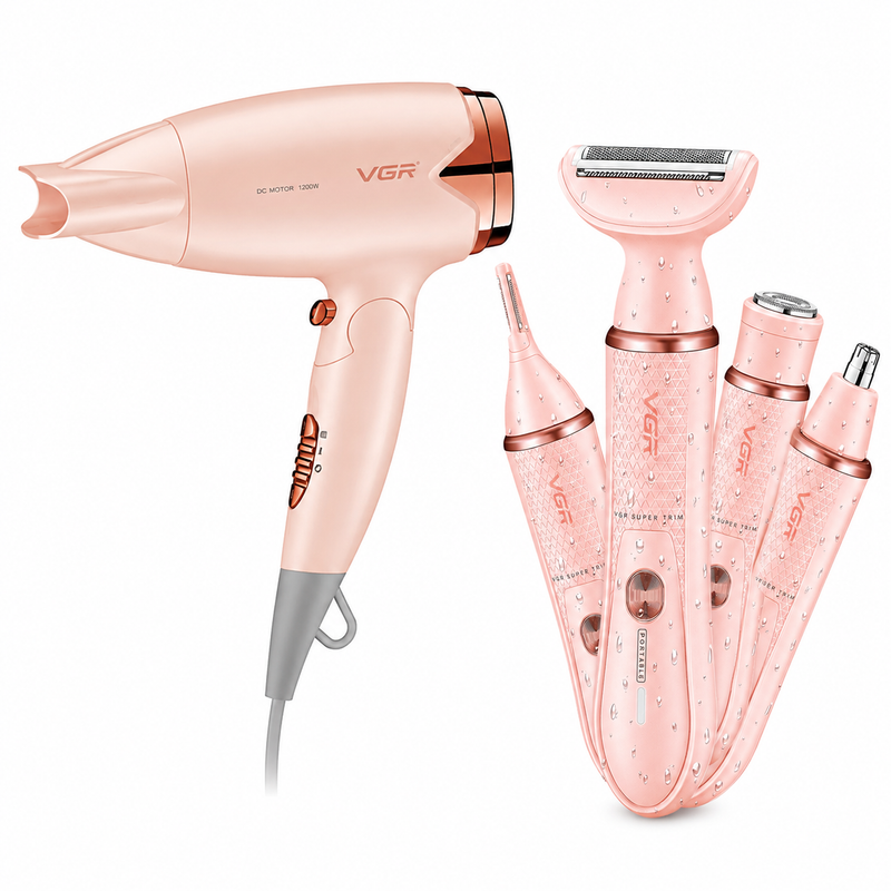 VGR V-761 4-in-1 Lady Shaver & V-428 Hair Dryer Professional Grooming Combo, Pink Image