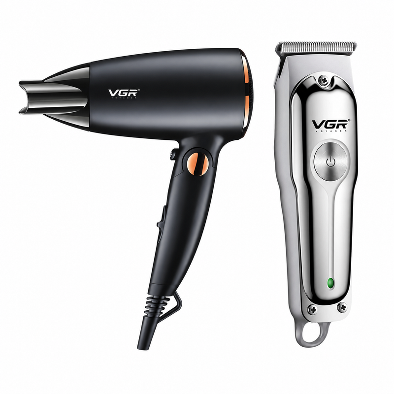 VGR V-071 Hair Trimmer & V-439 Hair Dryer Professional Grooming Combo, Silver & Black Image